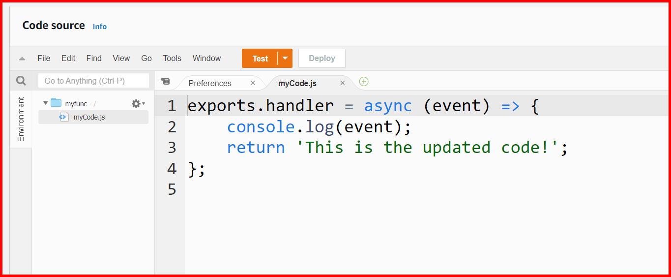Picture showing the code uploaded to the lambda function using the CLI command